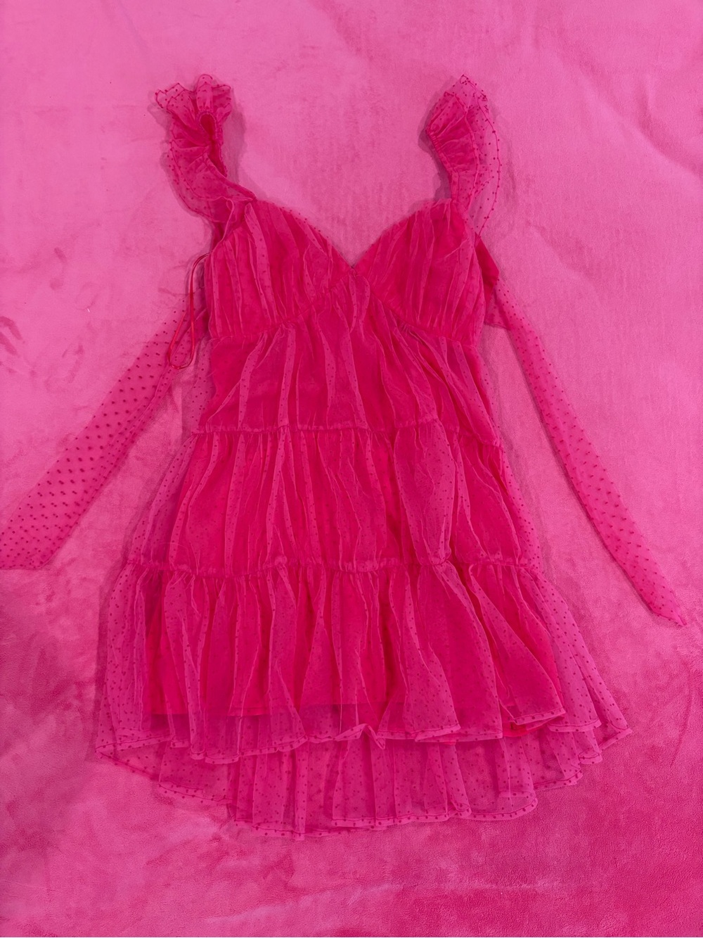 NEW Lush Hot Pink Tule Ruffled Dress with Polka Dots